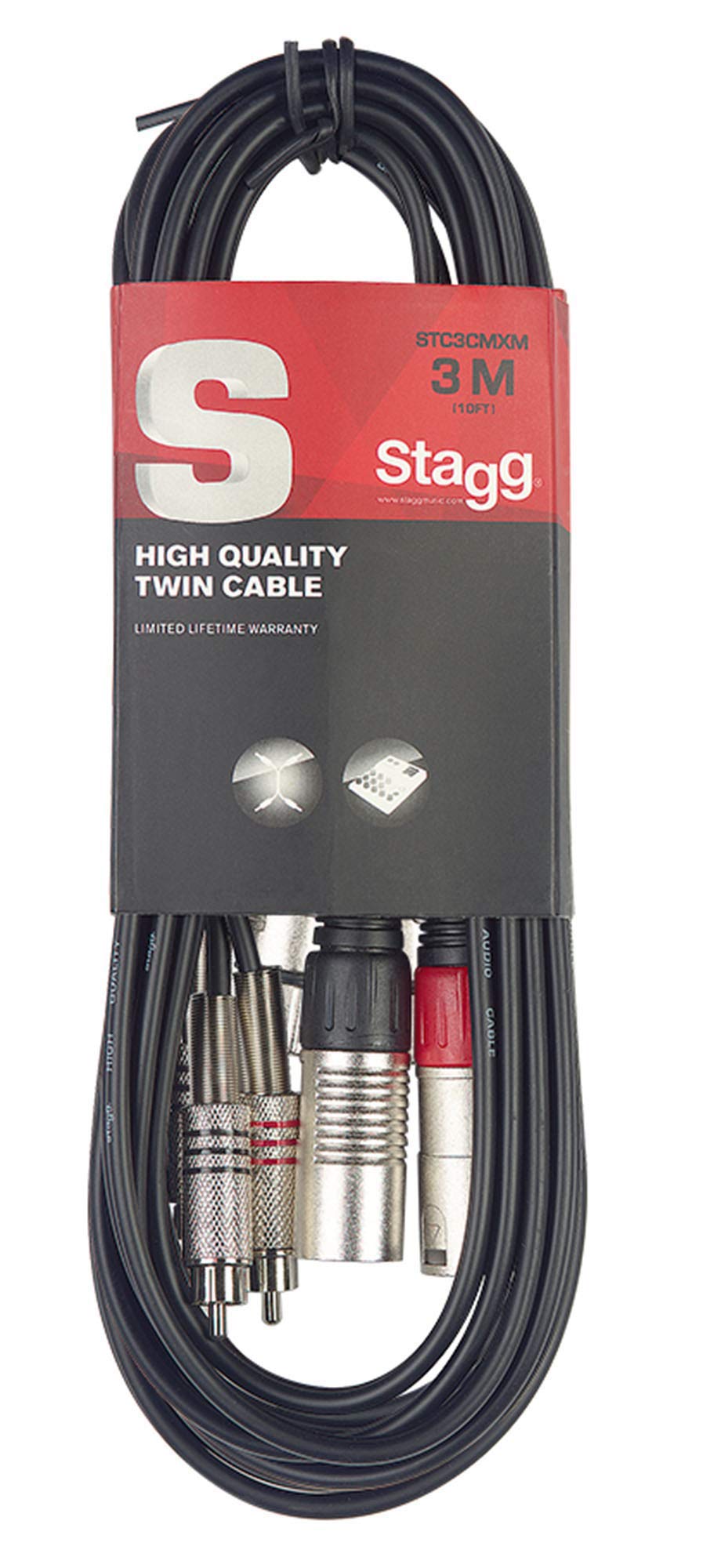  [AUSTRALIA] - Stagg STC3CMXM Male XLR to Male RCA Twin Cable - 10ft. 3m Twin RCAm to XLRm