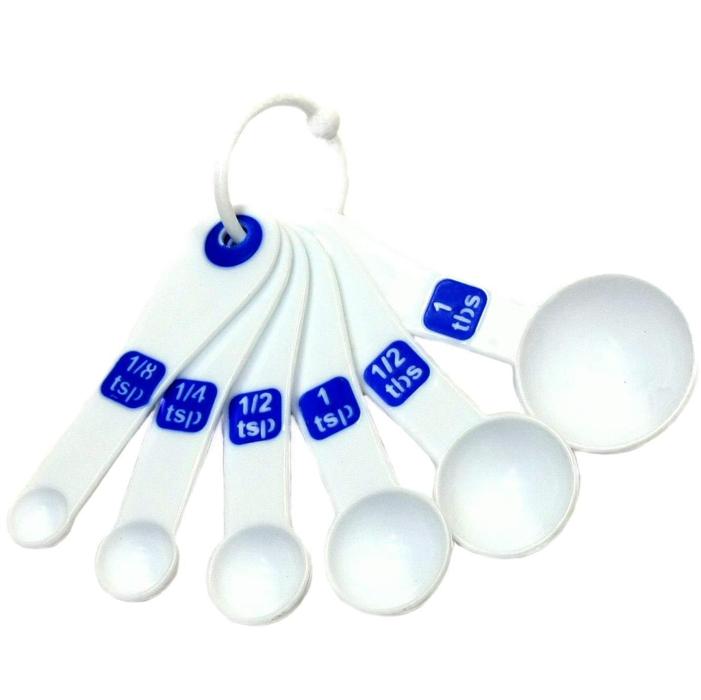 Chef Craft Select Plastic 6 Piece Measuring Spoon Set, 1/8 tsp, 1/4 tsp, 1/2 tsp, 1 tsp, 1/2 tbsp, 1 tbsp, White with Blue - LeoForward Australia