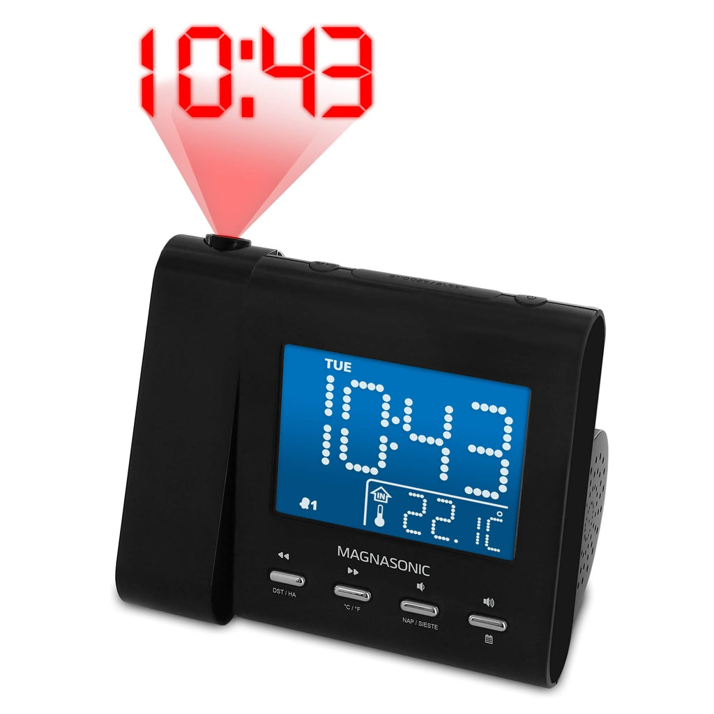  [AUSTRALIA] - Magnasonic Projection Alarm Clock with AM/FM Radio, Battery Backup, Auto Time Set, Dual Alarm, Nap/Sleep Timer, Indoor Temperature/Date Display with Dimming & 3.5mm Audio Input - Black (EAAC601) Black Body