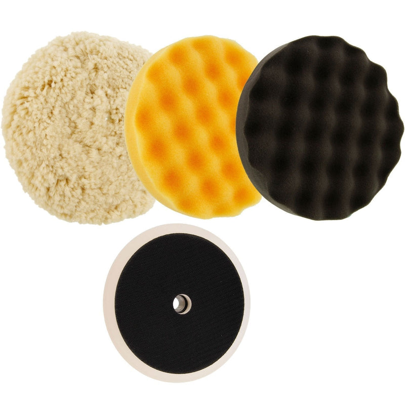  [AUSTRALIA] - TCP Global Complete 3 Pad Buffing and Polishing Kit with 3 - 8" Pads; 2 Waffle Foam and 1 Wool Grip Pads and a 5/8" Threaded Polisher Grip Backing Plate