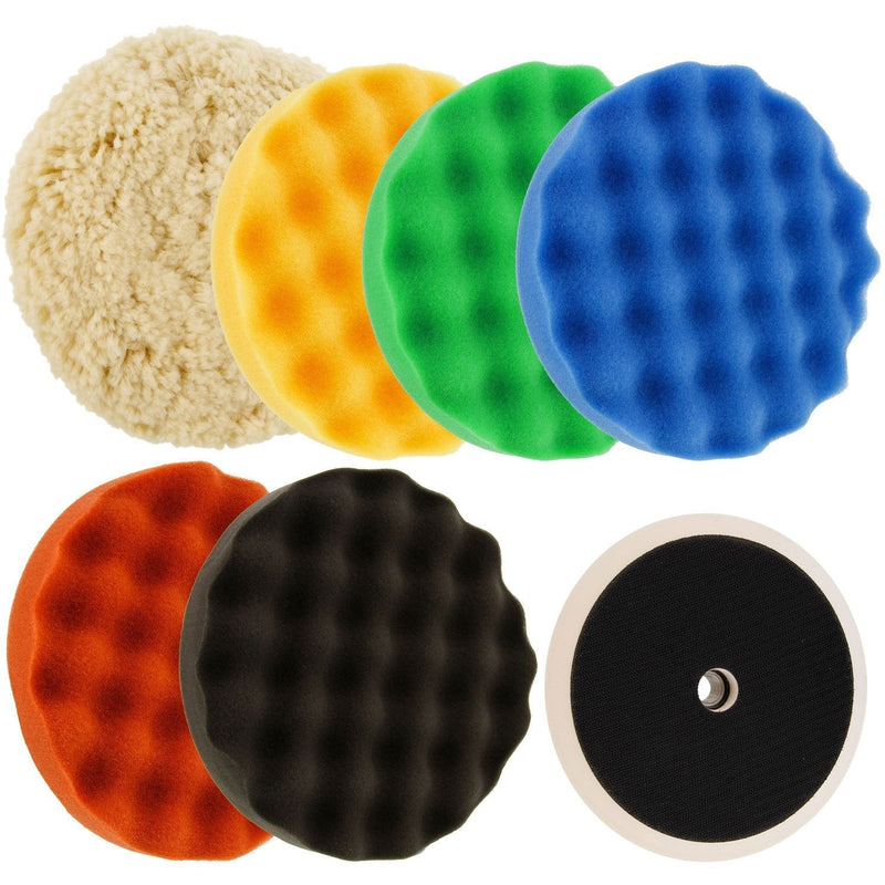  [AUSTRALIA] - TCP Global Ultimate 6 Pad Buffing and Polishing Kit with 6-8" Pads; 5 Waffle Foam & 1 Wool Grip Pads and a 5/8" Threaded Polisher Grip Backing Plate