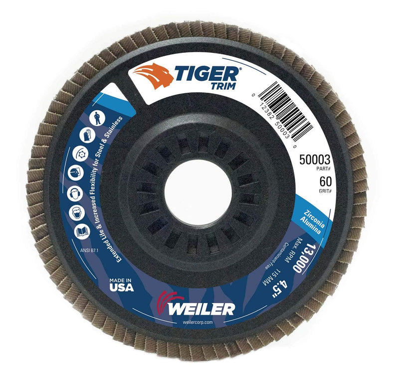  [AUSTRALIA] - Weiler 50003 Tiger 7/8" Arbor, 4-1/2" Diameter, 60 Grit, Zirconium, Trimmable Composite Backing, Angled Abrasive Flap Disc, Made in the USA