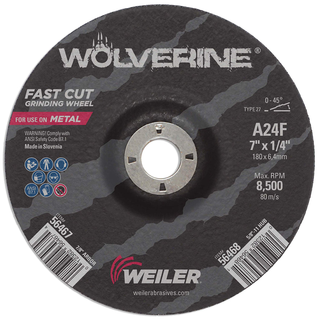  [AUSTRALIA] - Weiler 56467 Wolverine 7/8" Arbor, 1/4" Thickness, 7" Diameter, A24R Grit, Type 27 Grinding Wheel 7" Dia Type 27 7/8" Arbor