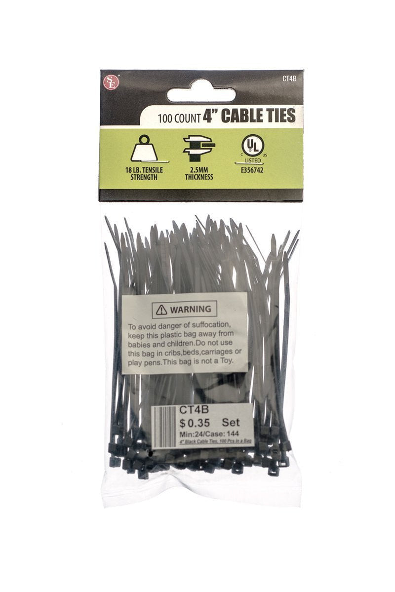  [AUSTRALIA] - SE 4” Black Cable Ties with 18-lb. Tensile Strength (100 Count) - CT4B