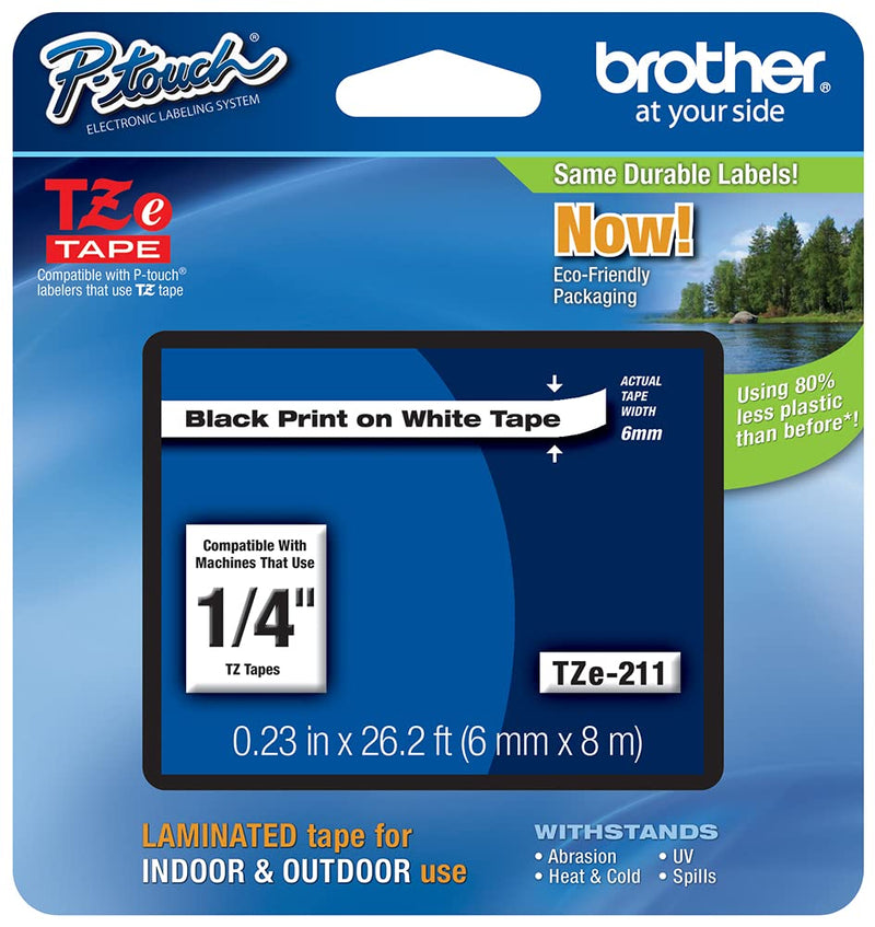  [AUSTRALIA] - Brother Genuine P-touch TZE-211 Label Tape 1, 1/4" (0.23") Standard Laminated P-touch Tape, Black on White, Laminated for Indoor or Outdoor Use, Water Resistant, 26.2 Feet (8M), Single-Pack 1/4"