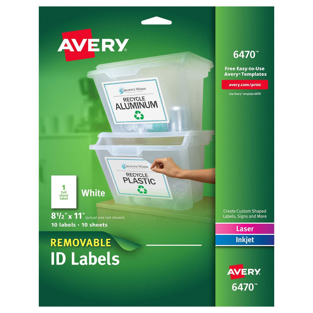 Avery White Removable Multipurpose Labels, 8.5 x 11 Inches, White, Pack of 10 (06470) - LeoForward Australia