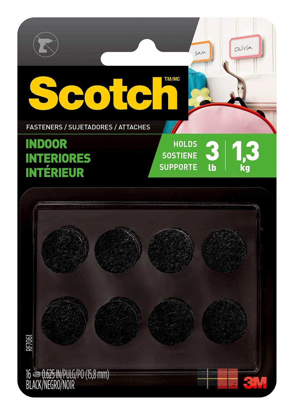  [AUSTRALIA] - Scotch Multi-Purpose Hook and Loop Fasteners, 5/8 in x 5/8 in, Circles, 16 Sets, Black, For Indoor Use, Holds up to 3 lbs/1 lb per 1 in