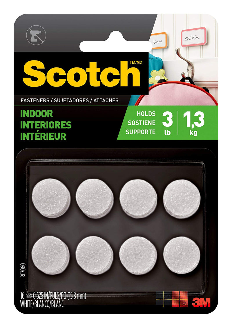  [AUSTRALIA] - Scotch Multi-Purpose Hook and Loop Fasteners, 5/8 in x 5/8 in, Circles, 16 Sets, White, For Indoor Use, Holds up to 3 lbs/1 lb per 1 in.