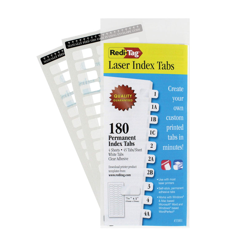  [AUSTRALIA] - Redi-Tag, RTG33001, Laser Printable Index Tabs, 180 / Pack, White 7/16" x 1" - 180 Tabs