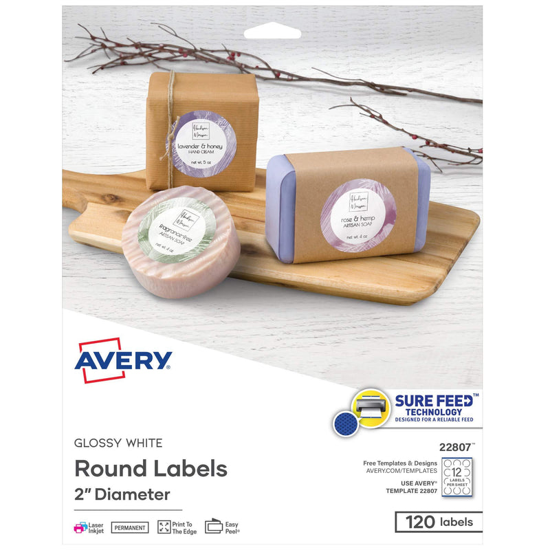 Avery Printable Round Labels with Sure Feed, 2" Diameter, Glossy White, 120 Customizable Labels (22807) 120 Labels - LeoForward Australia