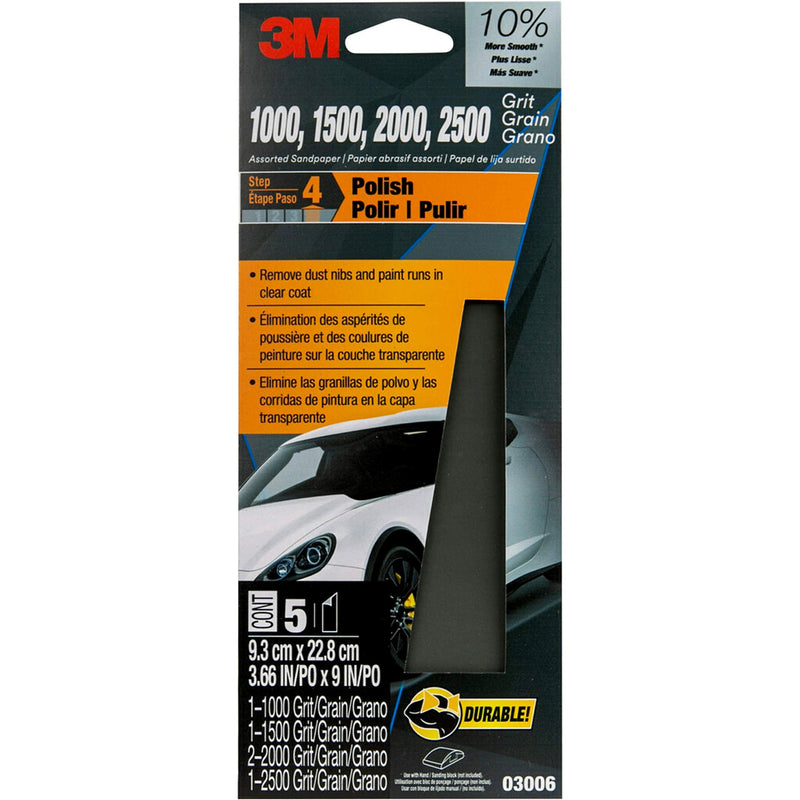 [AUSTRALIA] - 3M Auto Wet Or Dry Sandpaper 3 2/3 in x 9 in, 1000, 1500, 2000, 2500 Assorted Grit Pack, 5 Sheets Assorted Extra Fine Grits