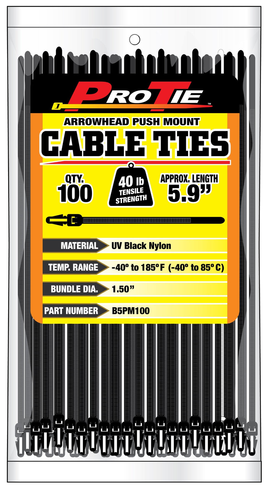  [AUSTRALIA] - Pro Tie B5PM100 5.9-Inch Arrowhead Push Mount Cable Tie, UV Black Nylon, 100-Pack 100 pack