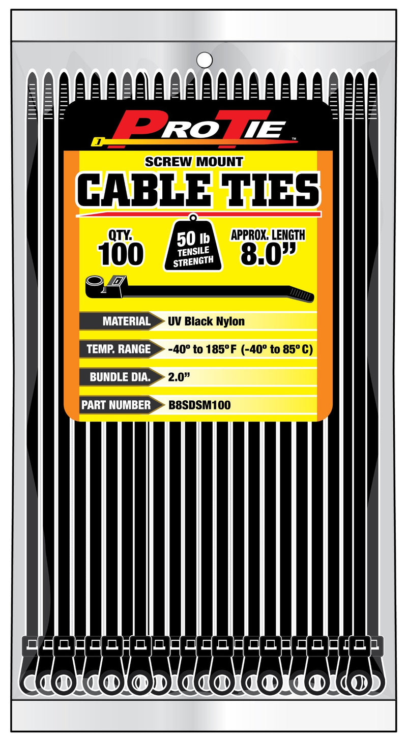  [AUSTRALIA] - Pro Tie B8SDSM100 8-Inch Screw Mount Standard Duty Cable Tie, UV Black Nylon, 100-Pack