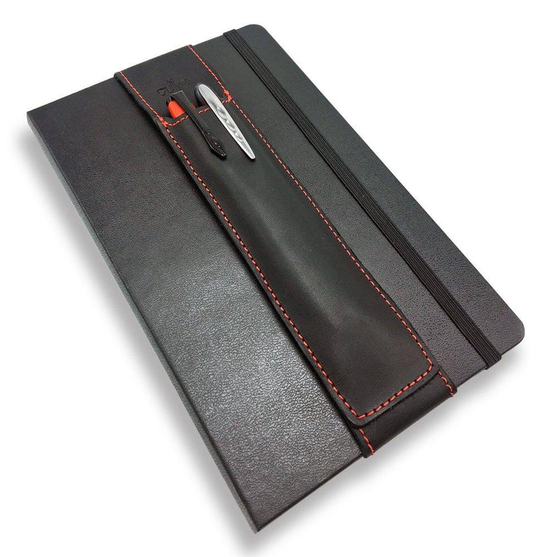 QUIVER Pen Holder for Notebook, Double Pen Holder, Full Grain Leather, Elastic, Reusable, Non-Adhesive, Fits A5 Notebooks, Journals, Planners, and Tablet Cases 8-8.5 Inches (20.3-21.5 cm) Tall Large Double Pen Holder Black Leather, Red Stitching - LeoForward Australia