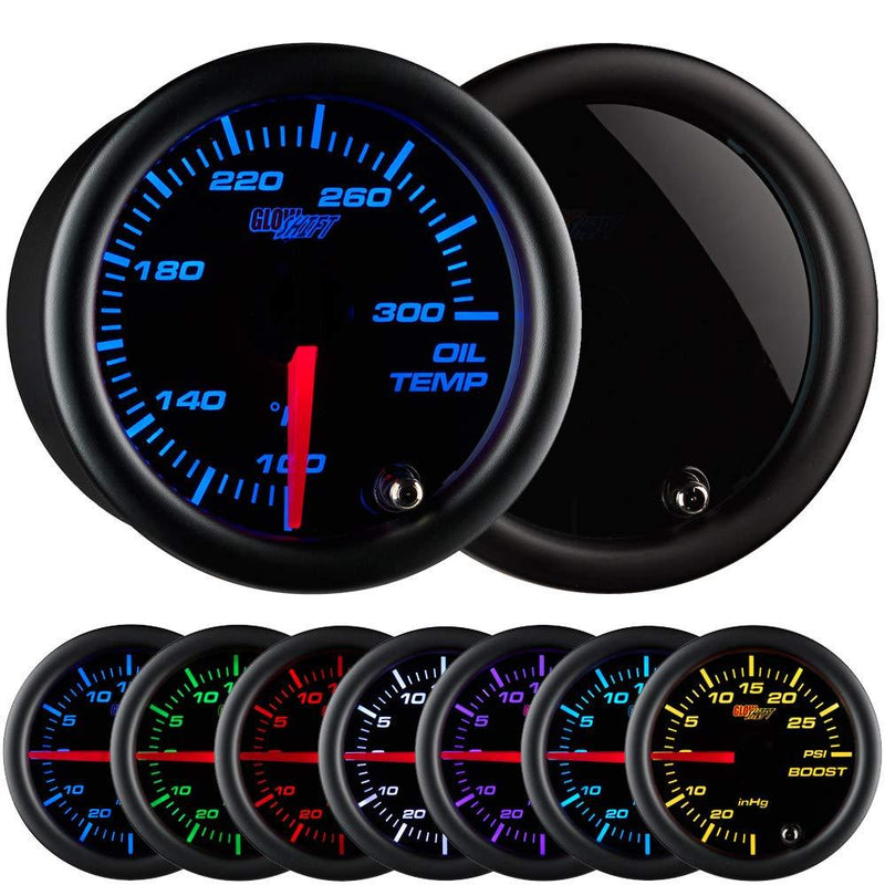  [AUSTRALIA] - GlowShift Tinted 7 Color 300 F Oil Temperature Gauge Kit - Includes Electronic Sensor - Black Dial - Smoked Lens - for Car & Truck - 2-1/16" 52mm
