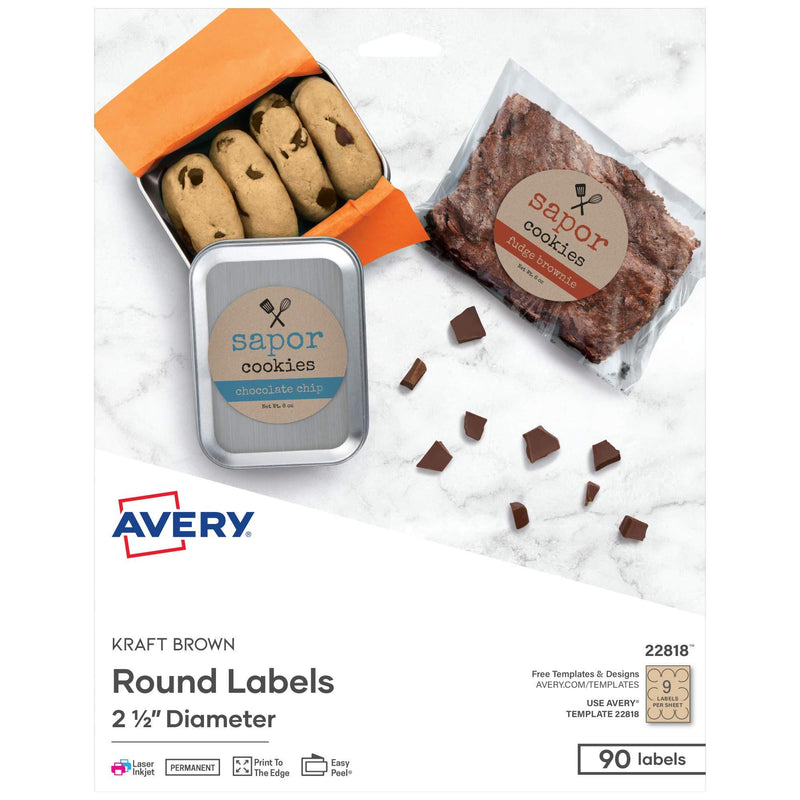 Avery Printable Round Labels, 2.5" Diameter, Kraft Brown, 90 Customizable Labels (22818) - LeoForward Australia