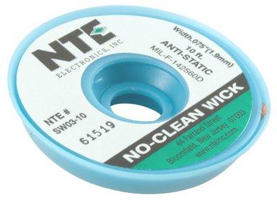  [AUSTRALIA] - NTE Electronics SW03-10 No-Clean Solder Wick with Anti-Static Bobbin, 3 Green.075" Width, 10' Length