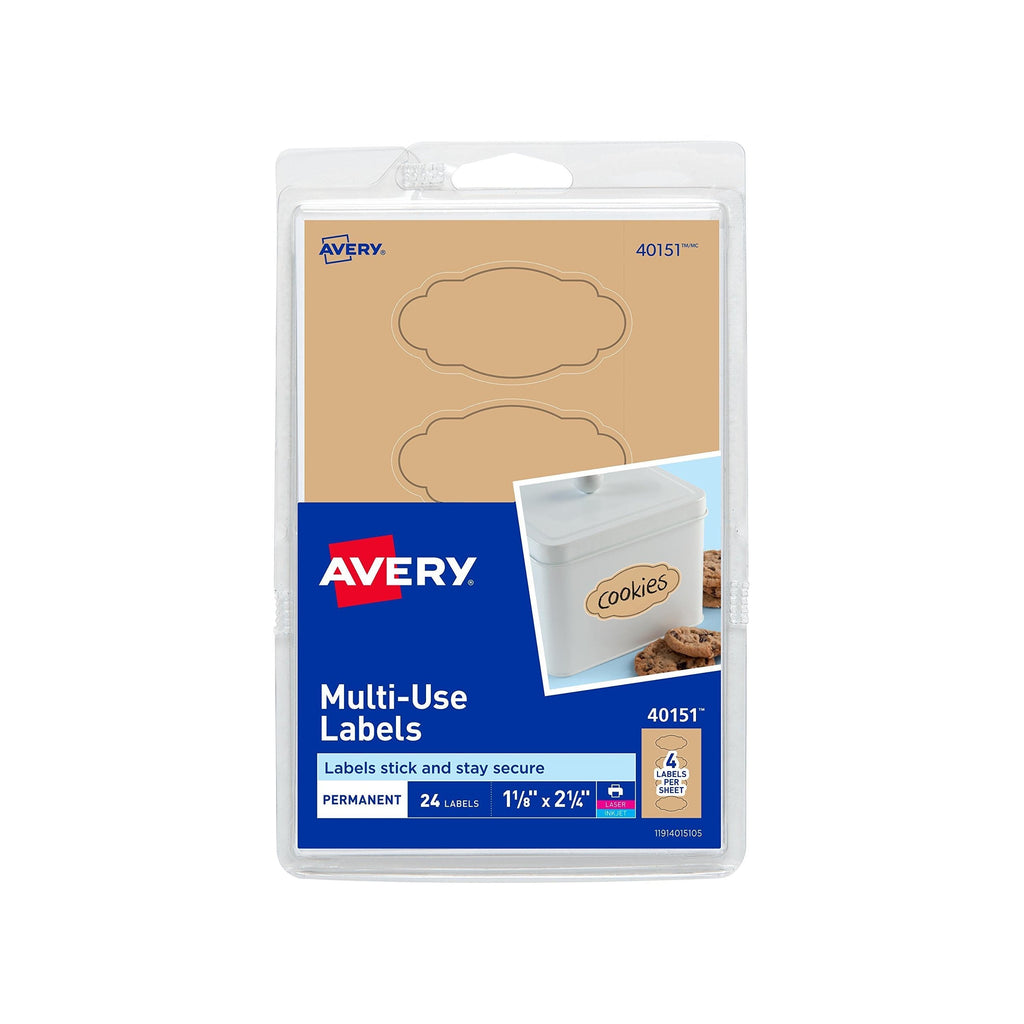 Avery Multi-Use Labels, Kraft Brown Oval Scroll 1-1/8 x 2-1/4, Pack of 24 (40151) - LeoForward Australia
