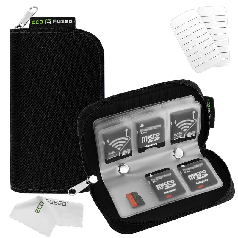 Eco-Fused Memory Card Case - Fits up to 22x SD, SDHC, Micro SD, Mini SD and 4X CF - Holder with 22 Slots - Microfiber Cleaning Cloth Included Black - LeoForward Australia