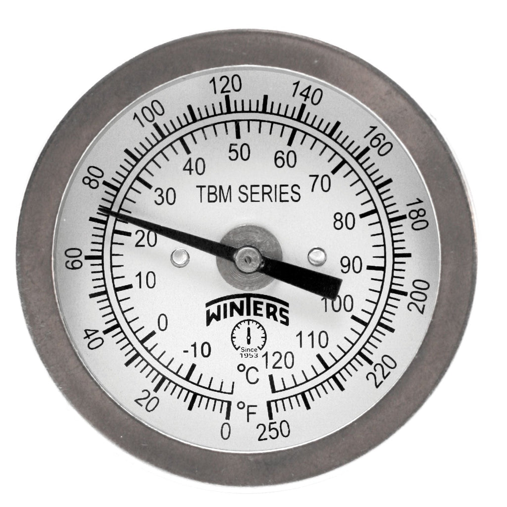 Winters TBM Series Stainless Steel 304 Dual Scale Bi-Metal Thermometer, 2-1/2" Stem, 1/4" NPT Fixed Center Back Mount Connection, 2" Dial, 0-250 F/C Range Fixed centre back - LeoForward Australia