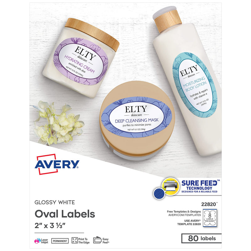 Avery Printable Blank Oval Labels, 2" x 3-1/3", Glossy White, 80 Customizable Labels (22820) - LeoForward Australia