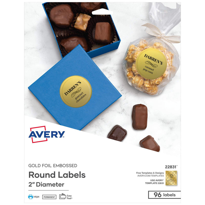 Avery Printable Embossed Foil Round Labels, 2" Diameter, Gold, 96 Customizable Labels (22831) 96 labels - LeoForward Australia