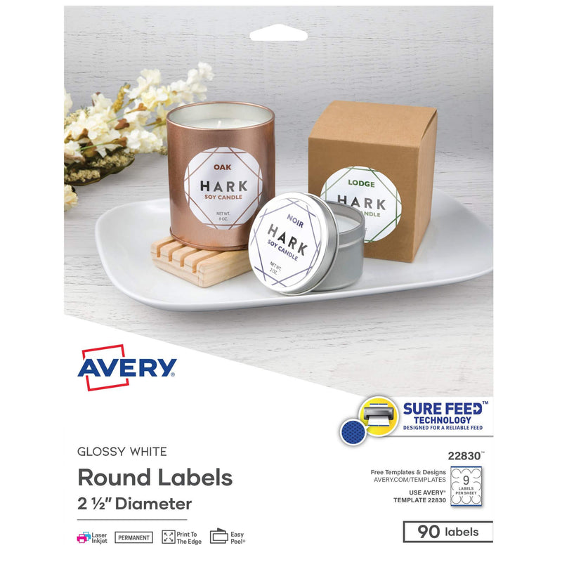 Avery Printable Round Labels with Sure Feed, 2.5" Diameter, Glossy White, 90 Customizable Labels (22830) 90 Labels - LeoForward Australia
