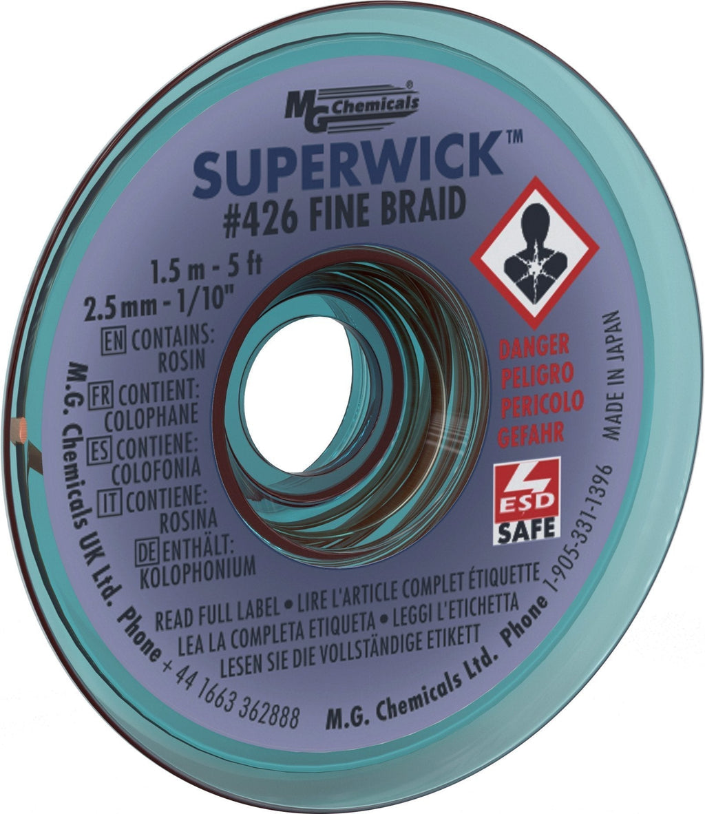  [AUSTRALIA] - MG Chemicals Desoldering Braid #4 Fine Braid Super Wick with RMA Flux, 5' Length x 0.1" Width, Blue