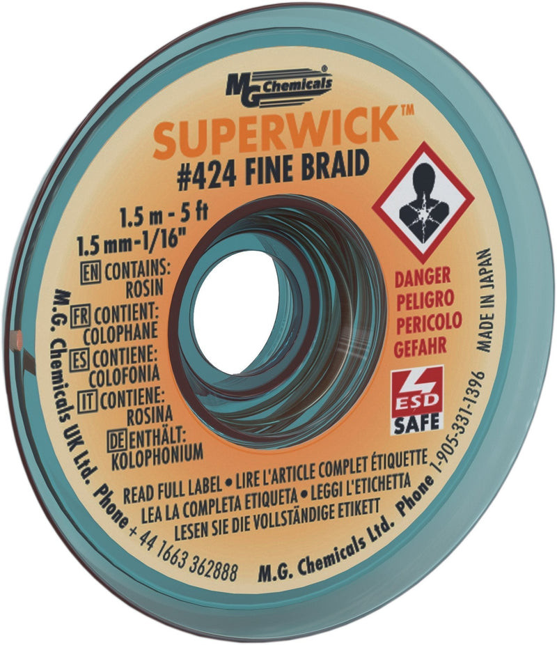  [AUSTRALIA] - MG Chemicals Desoldering Braid #2 Fine Braid Super Wick with RMA Flux, 5' Length x 0.05" Width, Yellow