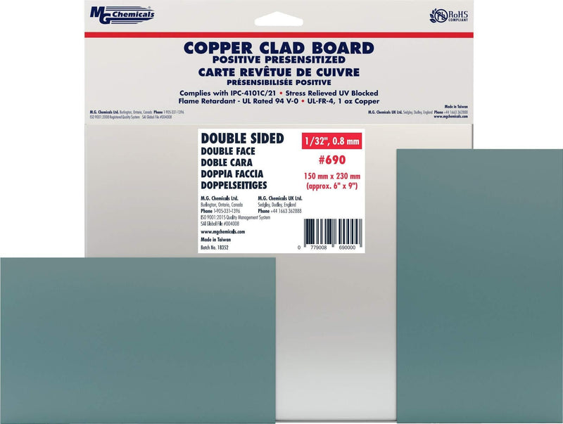 MG Chemicals 9" x 6" Positive Presensitized Copper Clad Board, Double Sided, 1 oz Copper, 1/32" Thick, FR4, cat# 690 - LeoForward Australia