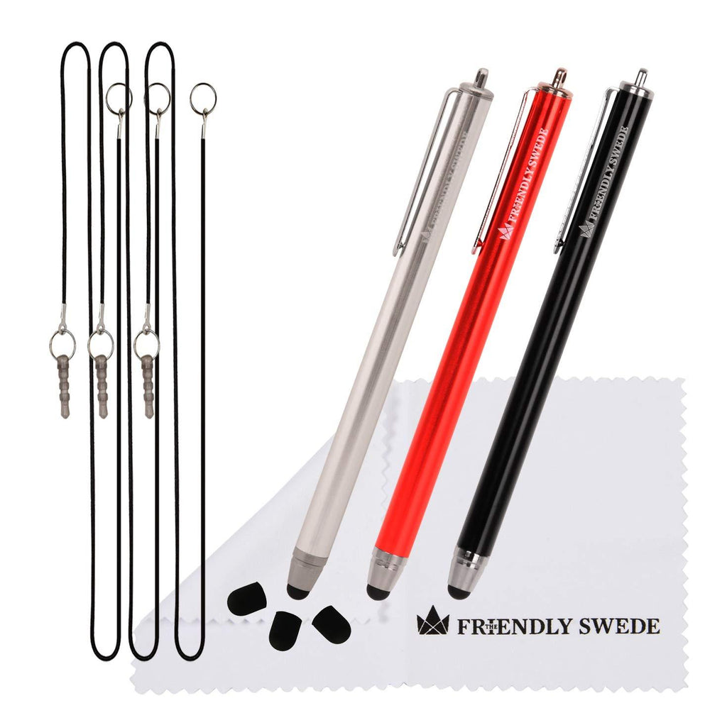 High Precision Stylus Pens for Touch Screens - 3pcs 5.5" Stylus Pen with Replaceable Thin-Tip - Universal Capacitive Styli + Replacement Tips, Lanyards + Cleaning Cloth by The Friendly Swede (Red/Black/Silver) Red/Black/Silver - LeoForward Australia