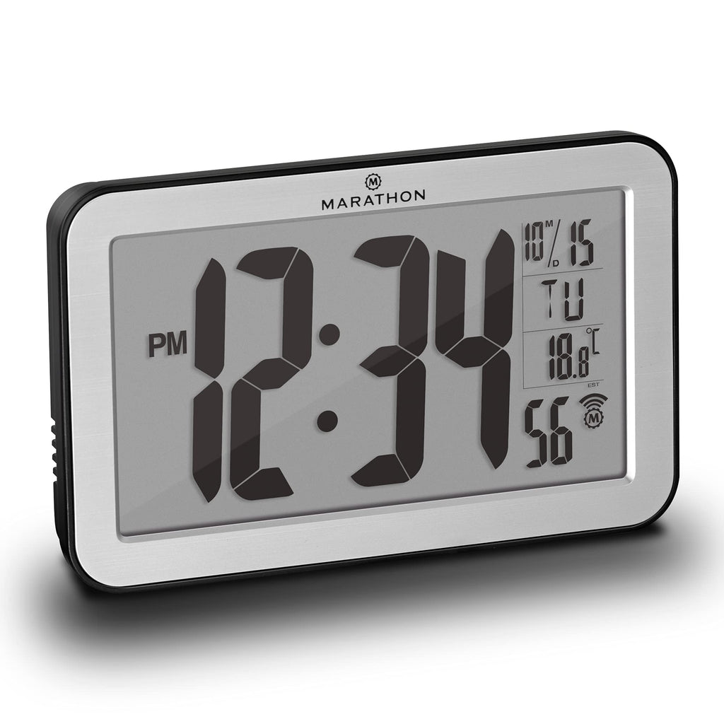 Marathon Commercial Grade Panoramic Autoset Atomic Digital Wall Clock with Table or Desk Stand, Date, and Temperature, 8 Time Zone, Auto DST, Self Setting, Self Adjusting, Batteries Included (Silver) Brushed Stainless - LeoForward Australia