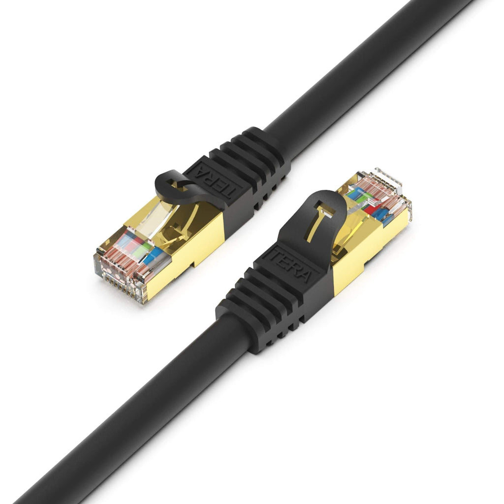 Tera Grand - 50FT - Premium CAT7 Double Shielded 10 Gigabit 600MHz Ethernet Patch Cable for Modem Router LAN Network, Gold Plated Shielded RJ45 Connectors, Faster Than CAT6a CAT6 CAT5e, Black 50 FT Black - Round - LeoForward Australia