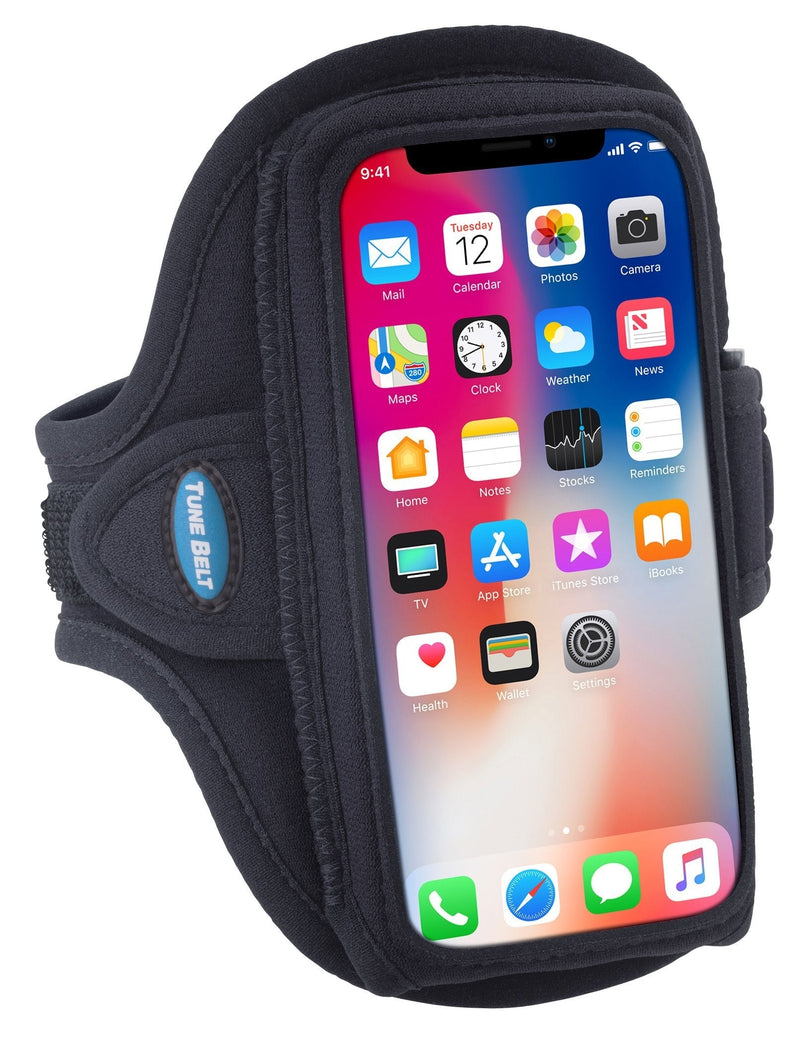 Tune Belt AB90 Exercise Armband for Cell Phones - iPhone 12 Mini, 11 Pro, SE 2020, X XS, Galaxy S10e S9 - Water Resistant Pouch for Running & Working Out (Black) - LeoForward Australia