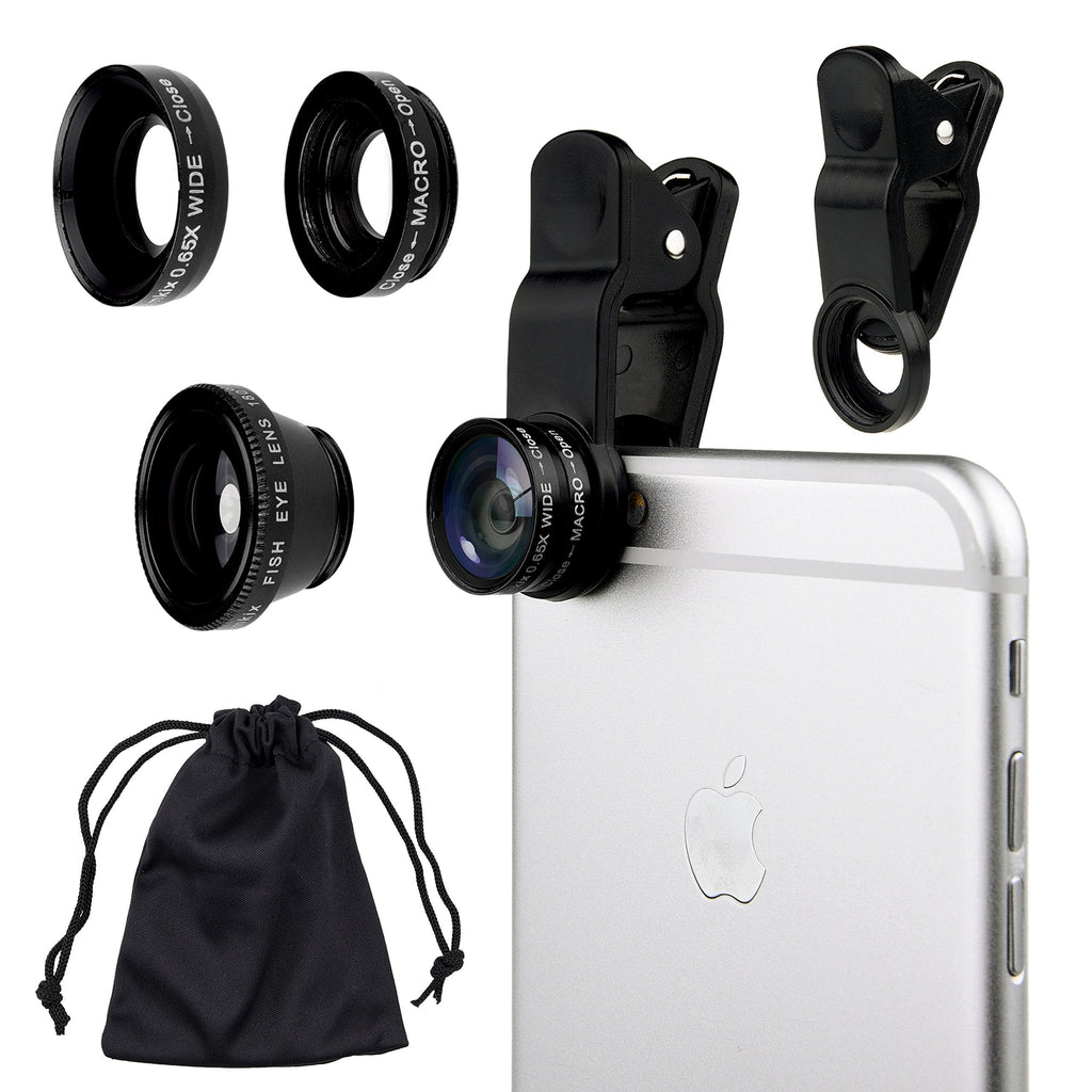 Universal 3 in 1 Cell Phone Camera Lens Kit for Smartphones Including - Fish Eye Lens / 2 in 1 Macro Lens & Wide Angle Lens/Universal Clip/Carry Pouch/Microfiber Cleaning Cloth Black - LeoForward Australia