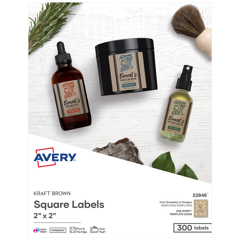 Avery Printable Blank Square Labels, 2" x 2", Kraft Brown, 300 Customizable Labels (22846) - LeoForward Australia