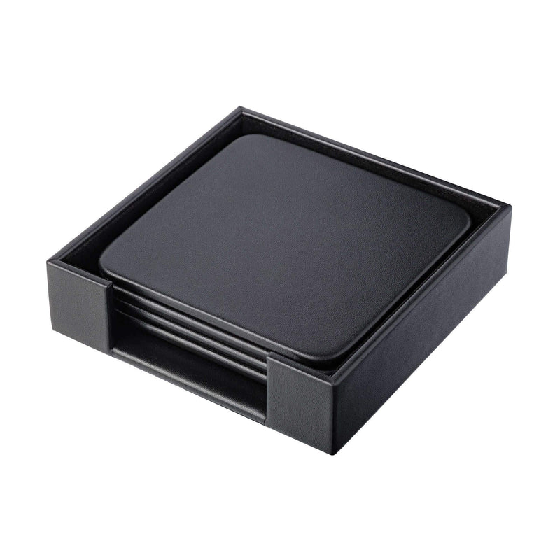  [AUSTRALIA] - Dacasso Black Leatherette 4 Square Holder Coaster Set