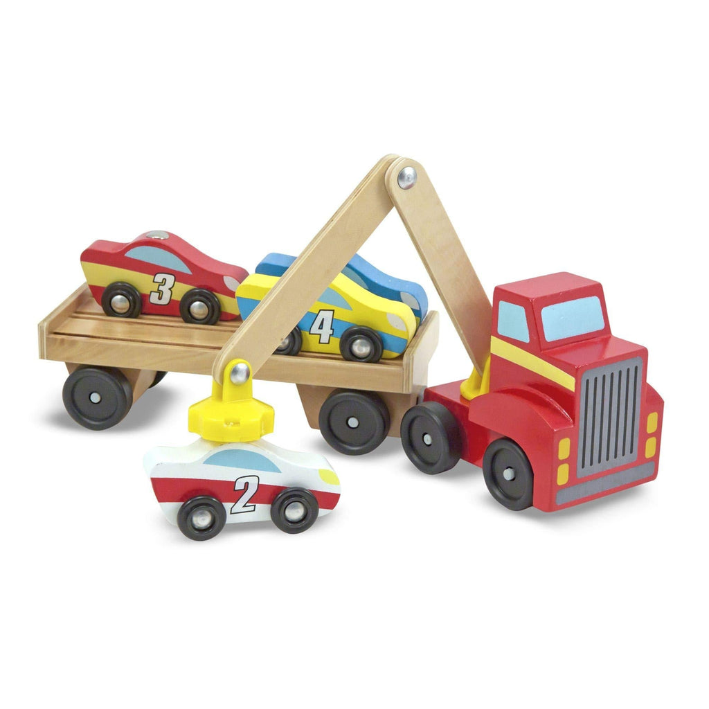 Melissa & Doug Magnetic Car Loader Wooden Toy Set With 4 Cars and 1 Semi-Trailer Truck - LeoForward Australia