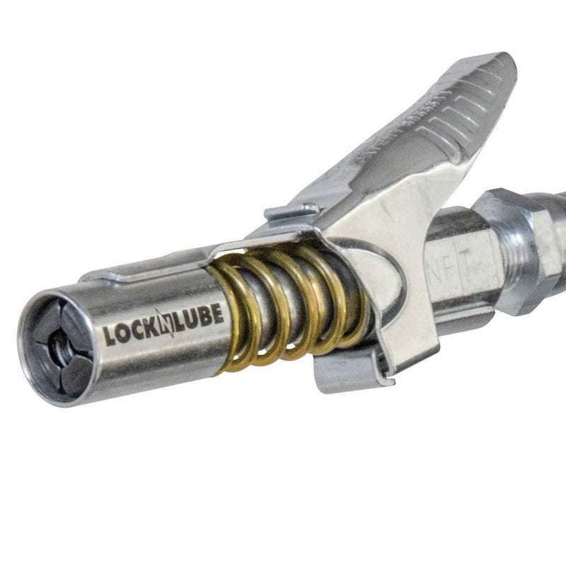 LockNLube Grease Gun Coupler locks onto Zerk fittings. Grease goes in, not on the machine. World's best-selling original locking grease coupler. Rated 10,000 PSI. Long-lasting rebuildable tool. - LeoForward Australia