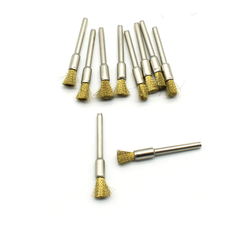  [AUSTRALIA] - TEMO 10 pc Brass Bristle 1/4 Inch Pen Wire Brush #537 with 1/8 Inch Shank Compatible for Dremel and Other Rotary Tools Brassh Pen