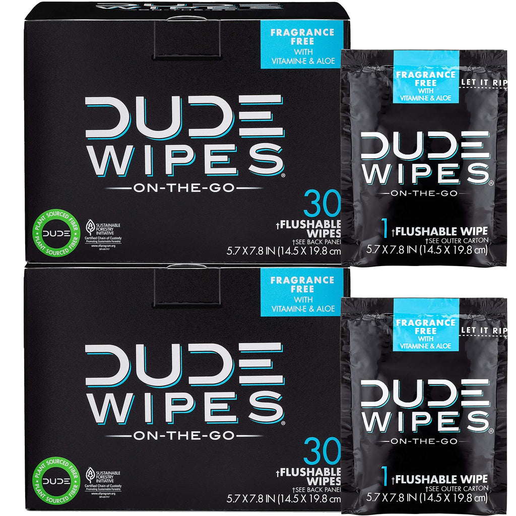 DUDE Wipes Flushable Wipes, Individually Wrapped for Travel, Unscented Wet Wipes with Vitamin-E & Aloe, Septic and Sewer Safe, 30 Count (Pack of 2) - LeoForward Australia
