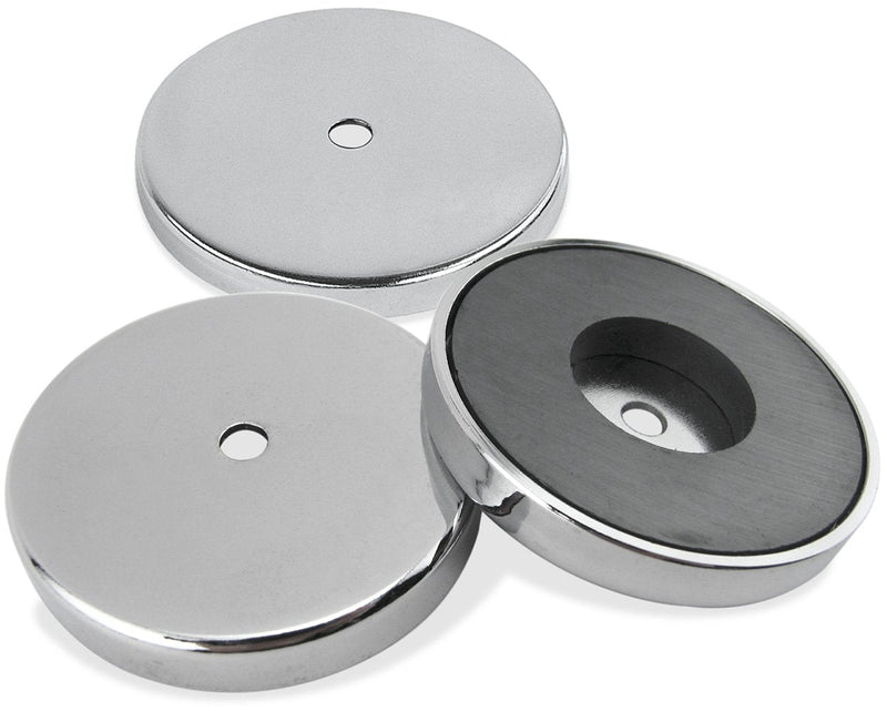  [AUSTRALIA] - Master Magnetics Round Base Magnet Fastener with 0.278" Center Hole Chrome Plate, 2.64" Diameter, 0.375" Thick, 65 Pounds, Silver (Pack of 3), RB70CX3
