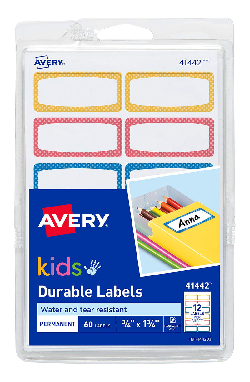 Avery Durable Labels for Kids' Gear, Assorted Border Colors, Handwrite, 3/4" x 1-3/4", 60 Labels (41442),Neon Neon - LeoForward Australia