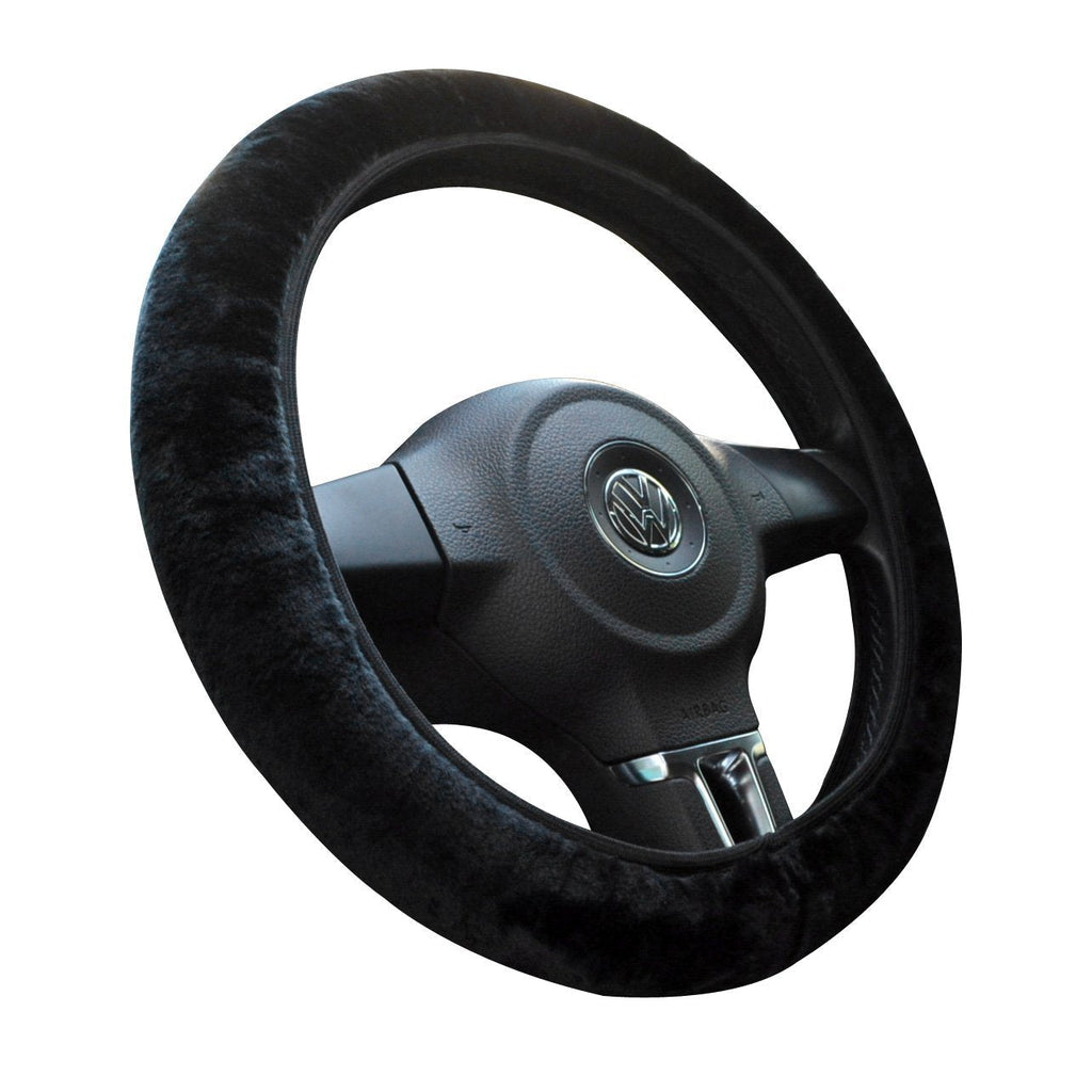  [AUSTRALIA] - Tianmei Soft Faux Wool Winter Car Stretch-On Steering Wheel Cover (Diameter 13.7in-15.7in,Plush Black) Plush Black - Diameter 13.7in-15.7in