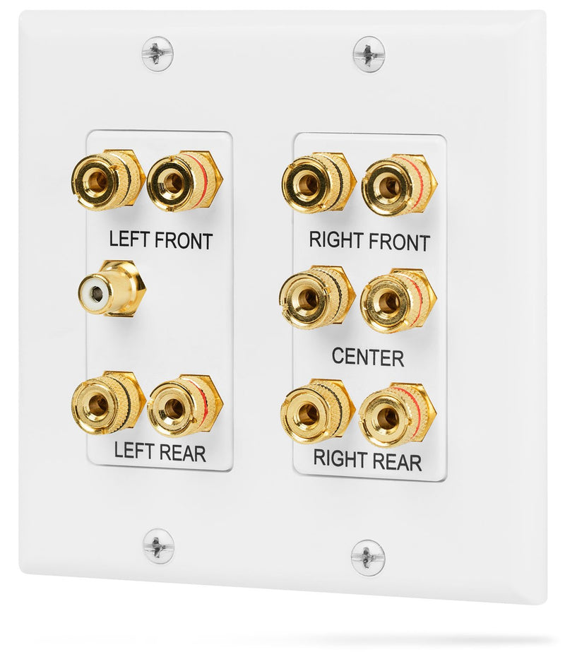  [AUSTRALIA] - Fosmon (2-Gang 5.1 Surround Distribution Home Theater Wall Plate - Premium Quality Gold Plated Copper Banana Binding Post Coupler Type Wall Plate for Speakers and RCA Jack for Subwoofer (White)