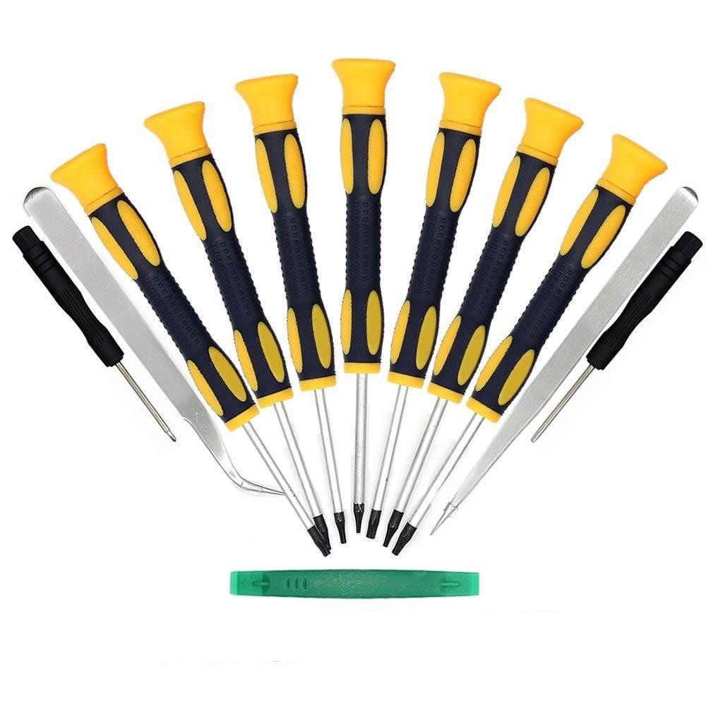  [AUSTRALIA] - Kingsdun 12 in 1 Torx Screwdriver Sets with T3 T4 T5 T6 T7 T8 T10 Star Screwdrivers, Stainless Steel Tweezers & Philip Slotted Magnetic Screwdrivers for Phone/Mac/Computer Repairing 12in1 yellow