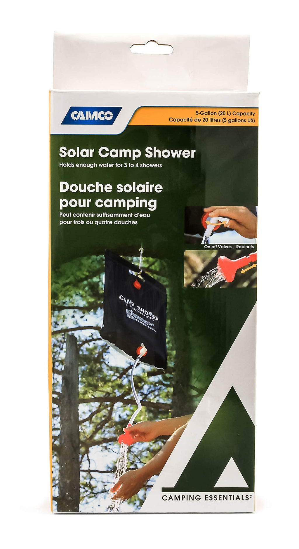 [AUSTRALIA] - Camco Outdoor Natural Solar Shower with On-Off Valve for Campsites - Holds 5 Gallons of Water, Sufficient for 3-4 Showers, Excellent for Camping, Hiking, RVing, and Traveling (51368), White
