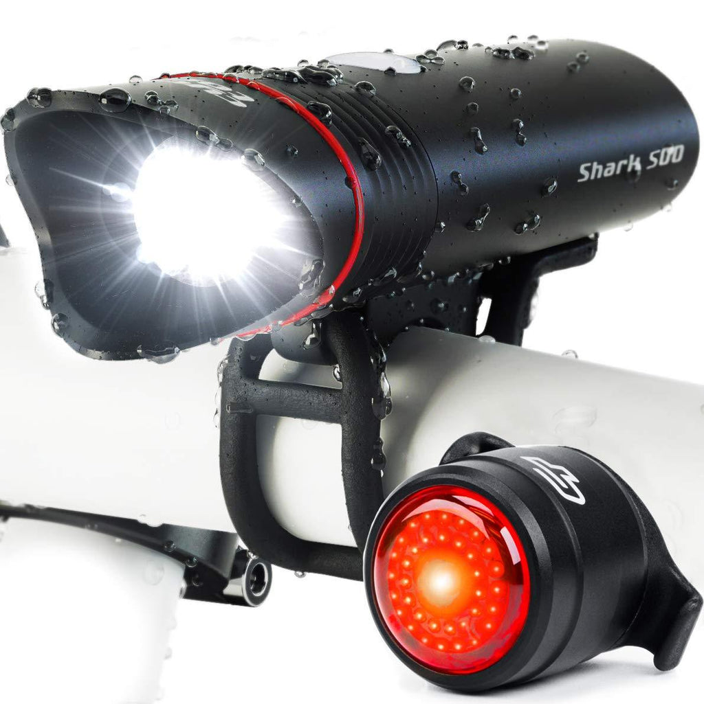 Bike Light USB Rechargeable, Cycle Torch Shark 500 Headlight & Tail Light Set, Fits All Bicycles, Hybrid, Road, MTB, with Quick Release Black Combo - LeoForward Australia