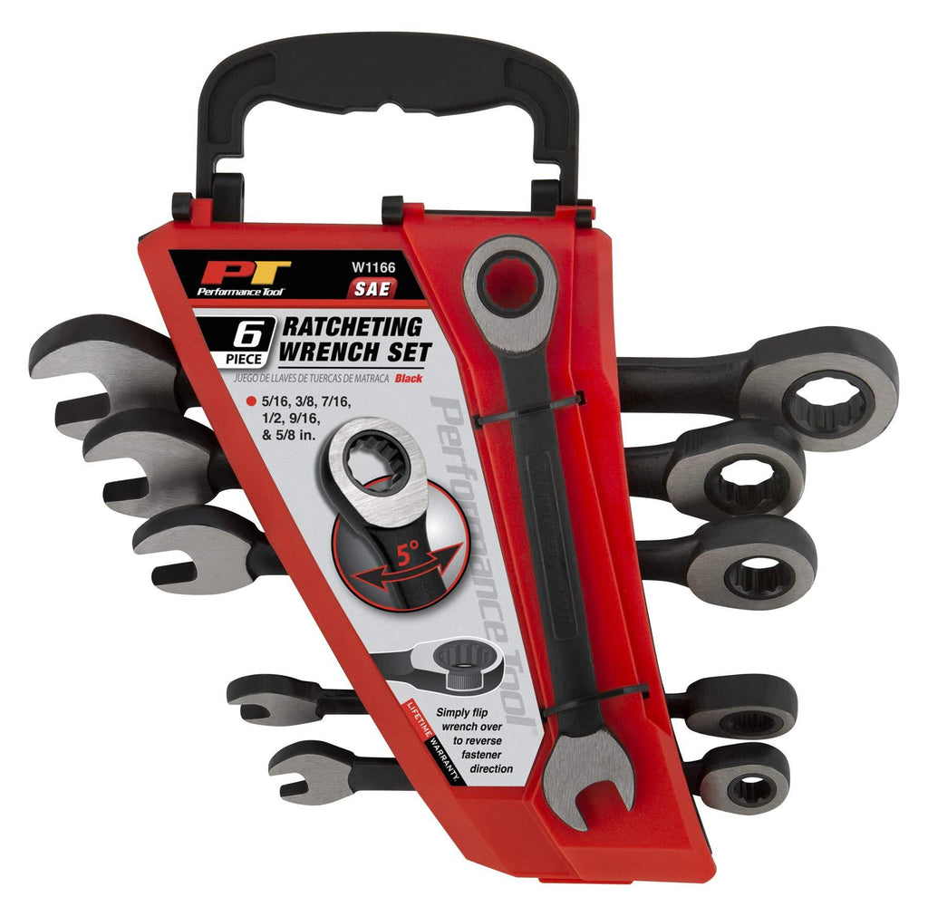  [AUSTRALIA] - Performance Tool Black 6pc Rack W1166 6 Piece SAE Combination Ratchet Wrench Set | Premium Drop Forged Alloy Steel | Oil & Corrosion Resistant Finish | Sizes: 5/16, 3/8, 7/16, 1/2, 9/16, 5/8"