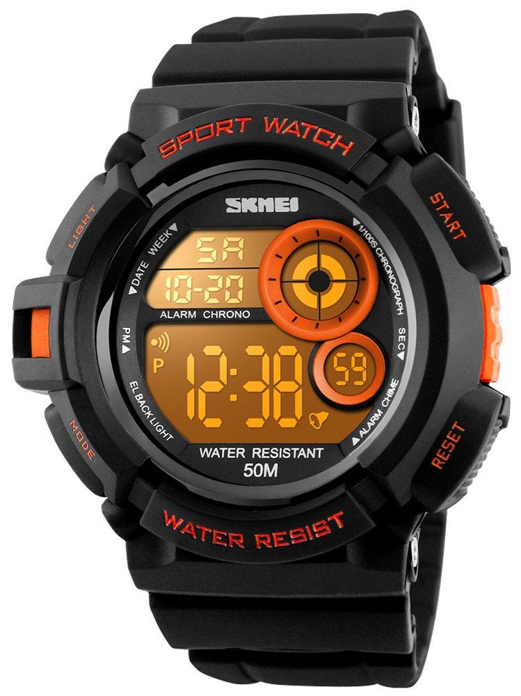 Men's Digital Sport Watches Waterproof Military Multifunctional LED Backlight Rubber Strap Big Number Watch for Men Orange Black - LeoForward Australia